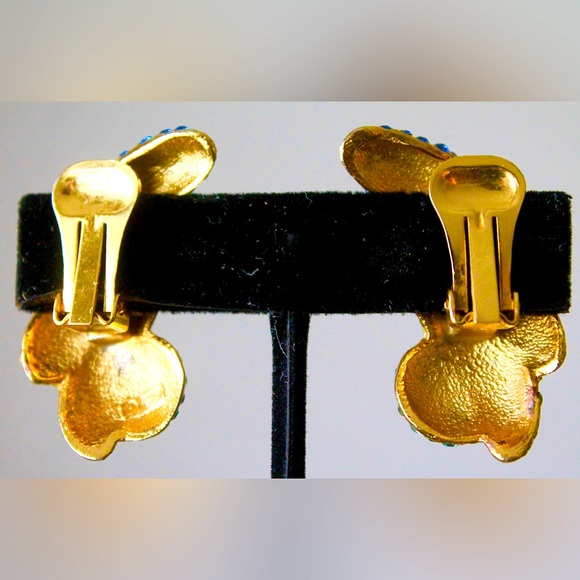 TARA EARRINGS CLIP ON VINTAGE GOLD GREENS BLUE AUSTRIAN CRYSTAL SAMPLE 90’s - Picture 5 of 7